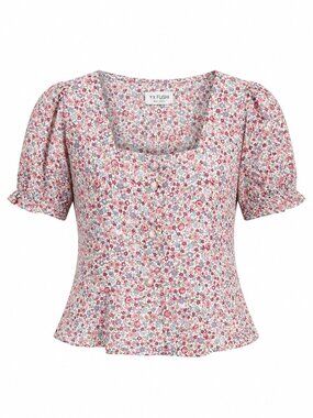 Cottagecore Puff Sleeve Square Neck Floral Print Decorative Buttons Top Small